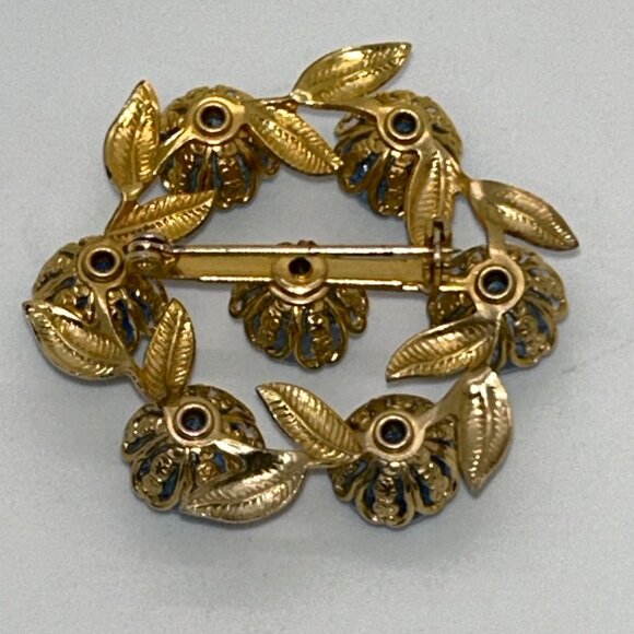 Vintage Gold-Tone Brooch With Blue Crackle Glass Stones & Leaf Design Rivet Set - Picture 10 of 16